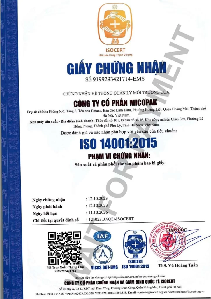 chứng chỉ ISO 14001-2015 Micopak